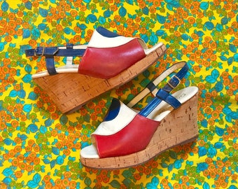 Mod 1960s color block leather platform wedge shoes size 5/5.5 Italian go go slingback heels vintage 60s 70s peep toe cork heel sandals