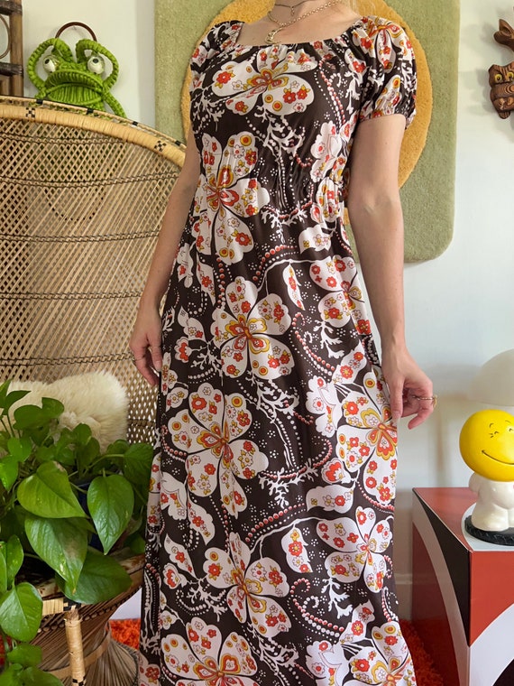 1960s Fritzi of California puff sleeve nylon dress // S - M // vintage 60s  70s flower power lounge dress off shoulder empire waist