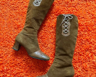 Vintage 1960s tall brown suede boots // 7 - 7 1/2 // mod 60s 70s side zip lace up Go Go boots