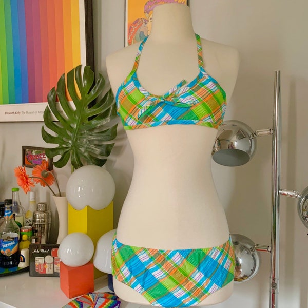 Deadstock 1960s plaid bikini // tag size girls 14 // NOS mod 60s 70s 2 piece swimsuit orange green blue gingham seersucker cotton blend