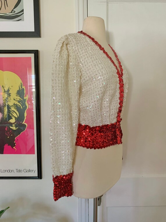 Vintage 1960s white + red sequin costume top // M… - image 4