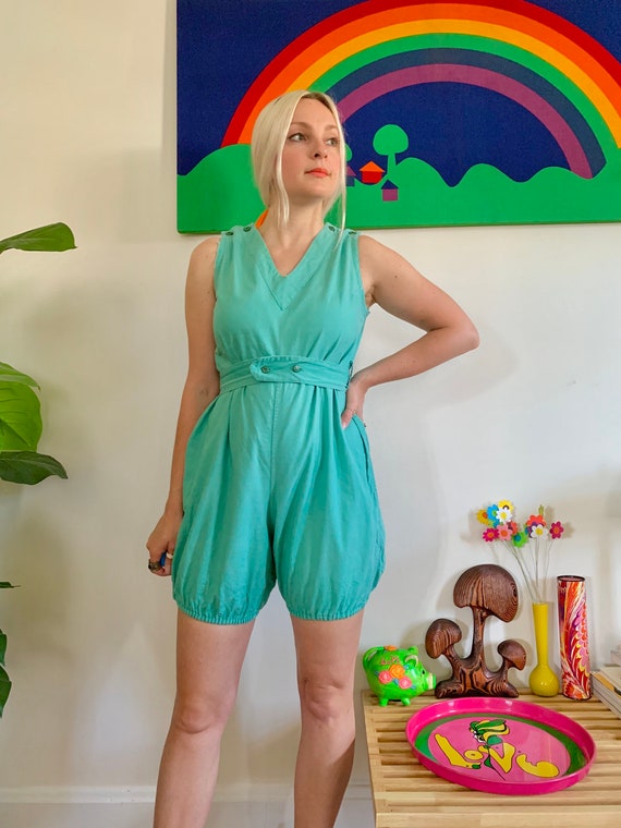 Vintage 1920s teal green cotton gym romper Small 2
