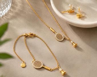 Goldenes Badminton-Schmuckset, bestehend aus Schläger, Halskette, Armband und Ohrringen