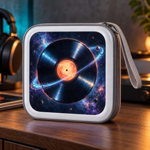 May include: A square, zippered carrying case featuring a graphic print of a black vinyl record centered within a cosmic space scene. The record has a glowing orange center and is surrounded by a blue ring, set against a nebula background.