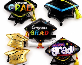 Graduation Foil Balloon Set, Grad Cap Party Decor, Black Gold Congrats Balloons