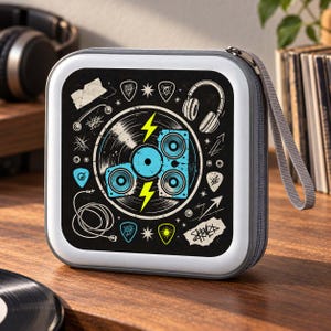May include: A square, gray zippered carrying case featuring a black front panel with a graphic print of a vinyl record, blue speakers, yellow lightning bolts, headphones, guitar picks, and a coiled cable. The case includes a gray wrist strap.