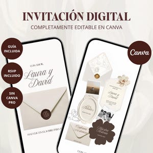 May include: Two smartphones displaying a digital invitation template with cream-coloured envelopes, wax seals, and text including Laura y David, Con Amor, and RSVP. The design features floral accents, photo placeholders, and dark brown circular badges.