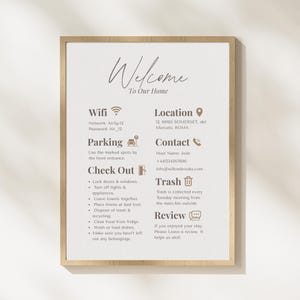 May include: A framed welcome sign for a home featuring brown text and icons on a white background. The sign includes sections for Wifi, Location, Parking, Contact, Check Out, Trash, and Review, with specific instructions and details provided for each.