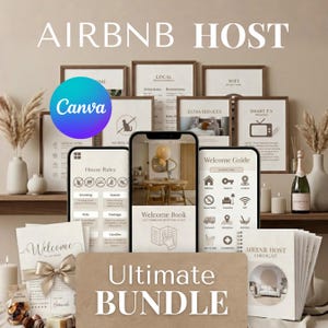 Könnte beinhalten: Ein digitales Marketing-Paket für Airbnb-Gastgeber mit mehreren gerahmten Schildern, einem Willkommensführer, Hausregeln und einer Checkliste. Die Dokumente haben beigefarbene Hintergründe, minimalistische Symbole und den Text Welcome Guide.