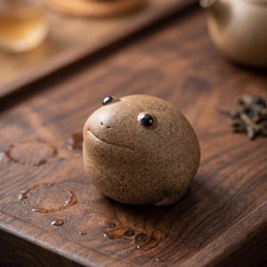 Könnte beinhalten: Eine kleine, runde, hellbraune Keramikfroschfigur mit gesprenkelter Textur und zwei glatten, schwarzen, glänzenden Augen. Der Frosch hat eine einfache, geschwungene Linie als Mund und eine abgerundete Körperform aus unglasiertem, erdfarbenem Ton.