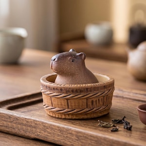 May include: A brown ceramic capybara figurine sits inside a small, round, brown ceramic bowl with a textured, woven-look exterior. The capybara has a smooth, matte finish with subtle speckling, while the bowl features carved details.