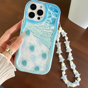 Zomerschildpad Ocean Wave-telefoonhoesje voor iPhone, zachte hoes met kralenband met golvende rand