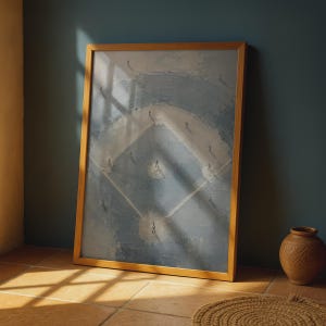 May include: A framed wall art print featuring an aerial view of a baseball diamond rendered in shades of blue and white. The textured painting depicts the field layout with small figures positioned at various bases and in the outfield areas.