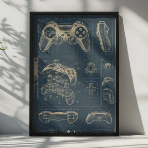 May include: A framed blueprint poster featuring technical line drawings of a video game controller. The dark blue background displays various views, including an exploded assembly diagram, side profiles, and individual component details with labels.