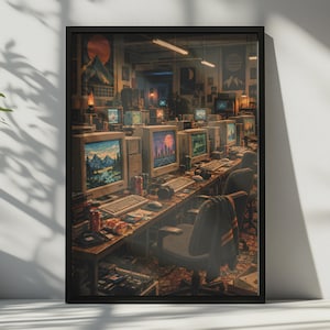 May include: A framed wall art print depicting a dimly lit office space filled with rows of beige vintage computer monitors, keyboards, and computer mice on wooden desks. The screens display colourful landscapes and cityscapes in a retro aesthetic.