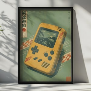 May include: A framed vertical poster featuring a yellow handheld gaming console with a screen displaying a car driving on a road with palm trees. The background includes a checkered pattern and Japanese text. The console has a D-pad and three buttons.