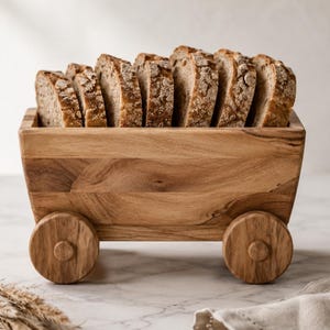 Könnte beinhalten: Ein rechteckiger Holzbehälter in Form eines Wagens mit vier Rädern, gefüllt mit mehreren Scheiben krustigem braunem Brot. Der Behälter hat eine natürliche Holzmaserung und ist mit sichtbaren Verbindungen konstruiert.