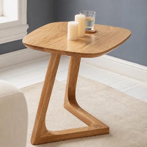 Solid Oak C Shaped Side Table | Personalized Sofa End Table | Custom Engraved Wood Accent Table Gift | Solid Wood Side Table for Living Room