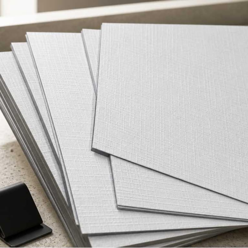 A stack of light linen textured rectangular panels or tiles, fanned out on a light stone surface with a small black stand in the foreground.