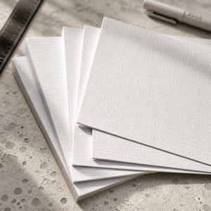 May include: A stack of square white cards featuring a distinct linen-like crosshatch texture. The cards are arranged in a fanned-out pattern, positioned near a black metal ruler and a white pen, with the ruler showing markings in inches.