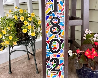 Vier Zahlen rechteckiges Mosaik Buntglas Adressschild