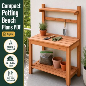 Compact Potting Bench Plans PDF, Small Garden Workstation With Shelves