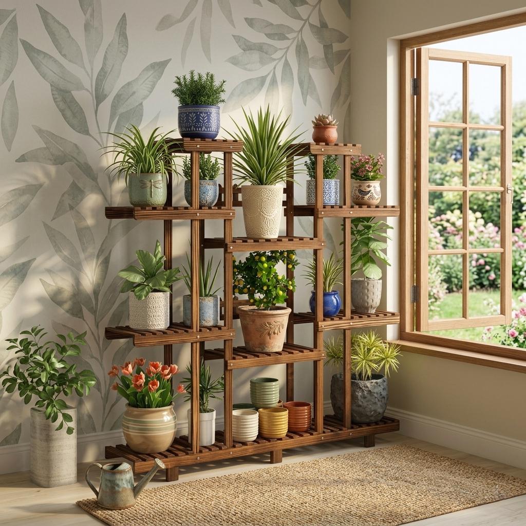 Wood Plant Stand Indoor, Multi Tier Plant Shelf, Large Plant Rack, Engineered Wood Plant Holder, Corner Plant Stand, Indoor Garden Display