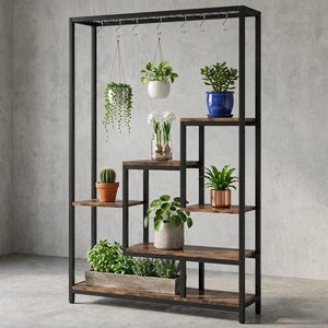 May include: A tall, black metal shelving unit with multiple wooden shelves at varying heights. The frame includes top hooks for hanging plants. Several potted plants, including a trailing vine, a cactus, and various green foliage, are arranged on the shelves.