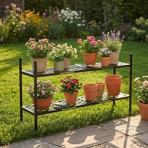 May include: A black metal two-tier plant stand with a diamond-patterned shelf design. The stand holds various terracotta pots containing blooming pink, white, and purple flowers, along with green foliage and a small metal garden trowel.