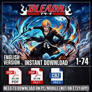 Peut inclure: Un téléchargement numérique de la série manga Bleach, volumes 1-74, avec une illustration d'Ichigo Kurosaki portant une épée et un masque. L'image contient des étiquettes de texte pour la version anglaise, le téléchargement et les formats PDF et CBZ.