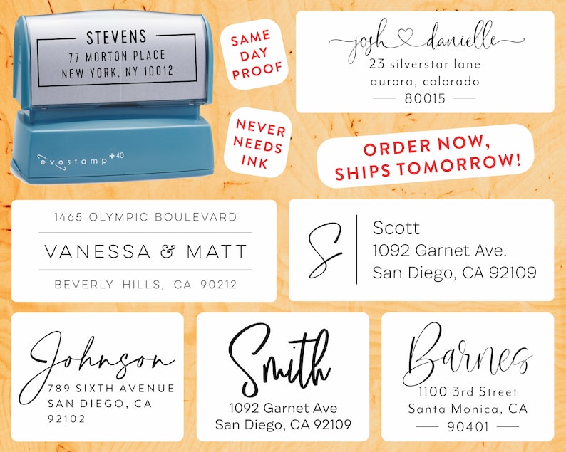 May include: A collection of nine self-inking rubber stamps with various names, addresses, and messages. The stamps are white with black text and are arranged in a grid pattern. The stamps are designed for use on envelopes, packages, and other items.