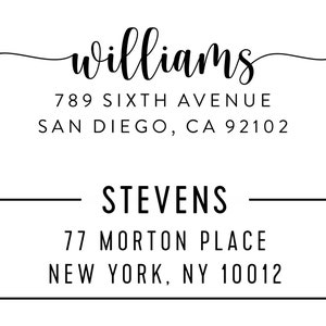 May include: A black and white return address label with the name "williams" in cursive script. The address is 789 Sixth Avenue, San Diego, CA 92102. Below is a black and white return address label with the name "STEVENS" in all caps. The address is 77 Morton Place, New York, NY 10012.