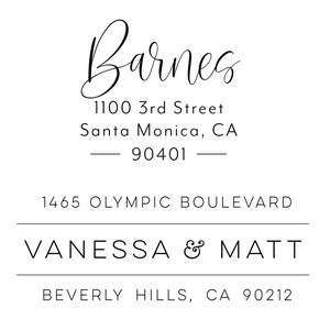May include: A black and white return address label with the name "Barnes" in cursive script. The address is 1100 3rd Street, Santa Monica, CA 90401. Below that is 1465 Olympic Boulevard, Vanessa & Matt, Beverly Hills, CA 90212.