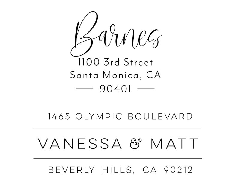 May include: A black and white return address label with the name "Barnes" in cursive script. The address is 1100 3rd Street, Santa Monica, CA 90401. Below that is 1465 Olympic Boulevard, Vanessa & Matt, Beverly Hills, CA 90212.