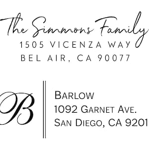 May include: Black and white return address label with the text "The Simmons Family" and "1505 Vicenza Way, Bel Air, CA 90077". Below is a black and white return address label with the text "Barlow, 1092 Garnet Ave., San Diego, CA 92019".