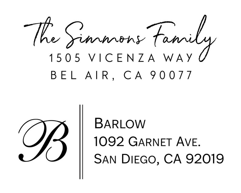 May include: Black and white return address label with the text "The Simmons Family" and "1505 Vicenza Way, Bel Air, CA 90077". Below is a black and white return address label with the text "Barlow, 1092 Garnet Ave., San Diego, CA 92019".