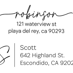 May include: A handwritten address label with the name "robinson" and the address "121 waterview st playa del rey, ca 90293". Below is a handwritten signature "S" and a second address label with the name "Scott" and the address "642 Highland St. Escondido, CA 92027".
