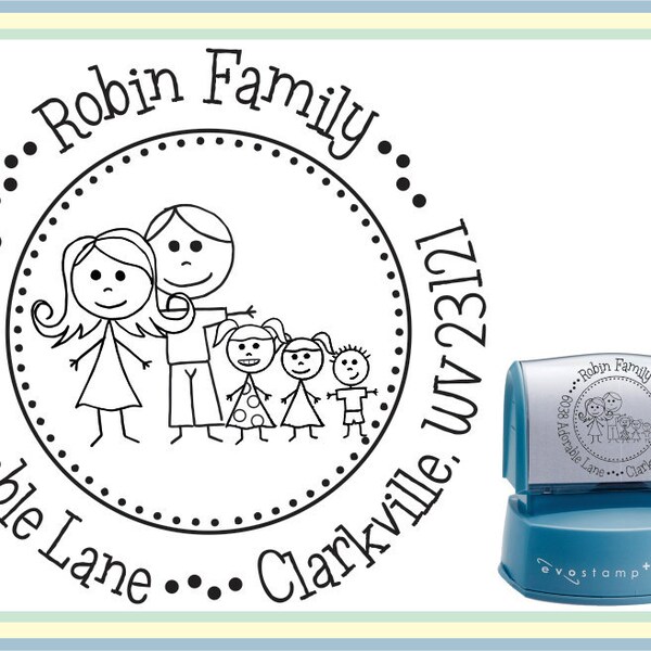 Family Drawing Return Address Stamp - Custom Self Inking Stamp