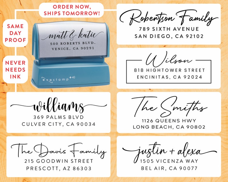 May include: Six different return address labels with black text on a white background. The labels are for the following names: Robertson Family, Wilson, Williams, The Smiths, The Davis Family, and Justin + Alexa. Each label includes a street address and city, state, and zip code.