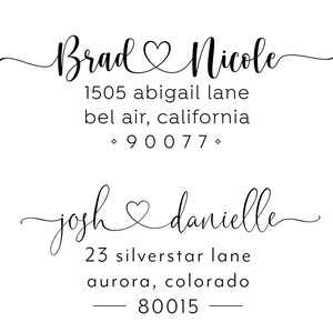 May include: Two return address labels with names and addresses. The top label reads "Brad Nicole" with a heart symbol between the names. The address is "1505 abigail lane, bel air, california 90077". The bottom label reads "josh danielle" with a heart symbol between the names. The address is "23 silverstar lane, aurora, colorado 80015".