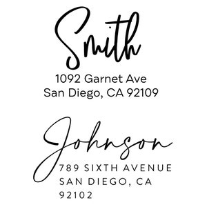 May include: Two return address labels with black ink on white paper. The top label reads "Smith" with the address "1092 Garnet Ave San Diego, CA 92109". The bottom label reads "Johnson" with the address "789 SIXTH AVENUE SAN DIEGO, CA 92102".