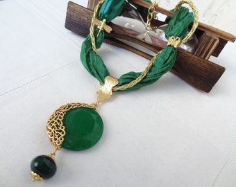 Green Turkish Silk Necklace, Handmade Green Jade Necklace, Birthday Gift for Women, Turkish Jewelry, Women for Boho, Gold Fretwork Necklace