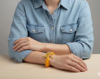 Boho Yellow Silk with Yellow Beaded Bracelet, Gold Leaf Clasp, Elephant and Star Charm