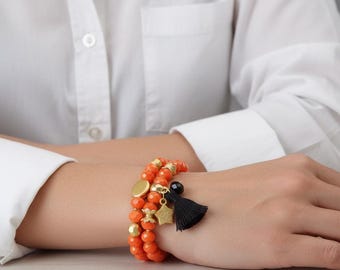 Orange Crystal Beaded Bracelet Set with Black Tassel & Star Charm – Gold Plated Boho Statement Bracelets