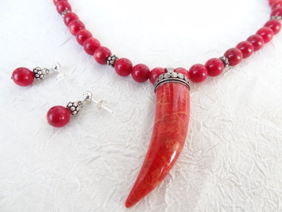 Sterling Silver Red Coral Tusk Pendant Sterling Silver Red Coral Tusk Pendant
