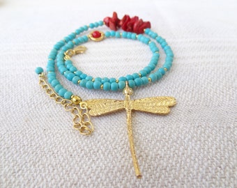 Turquoise and Coral Necklace, Turquoise Coral Gemstone with Gold Dragonfly Pendant, Gold Charm Necklace, Turkish Jewelry, Mother's Day Gifts