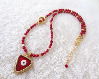 Red Coral Necklace, Red Coral Gemstone with Gold Evil Eye Pendant, Evil Eye Jewelry, Coral Jewelry, Women for Protection, Mother Day Gifts