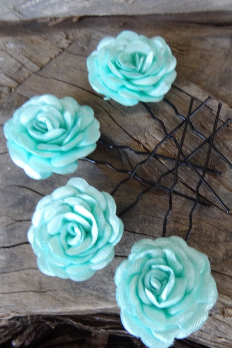 Mint Green Satin Rose Wedding Hair Pins Green Bridal Hair Etsy