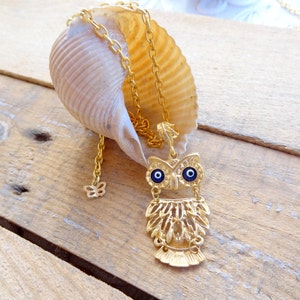 Gold Owl Necklace, Evil Eye Owl and Gold Chain, Nazar Necklace, Turkish Nazar Jewelry, Women for Charm, Gift for Her, Flower Girl Jewelry
