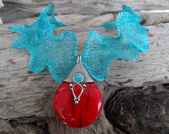 Coral and Turquoise Nepales Pendant Jewelry, Titanium Necklace, Statement Necklace, Tribal Jewelry for Women, Women for Bohemian Gift